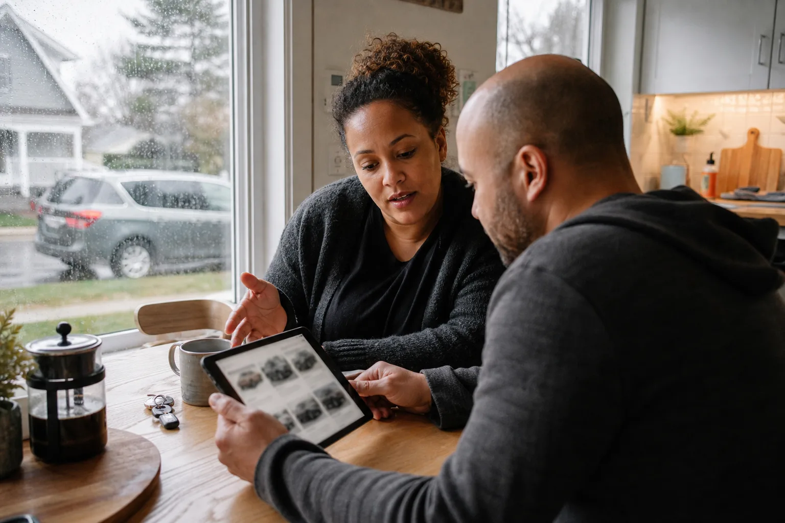 Couple researching family vehicles together at home
