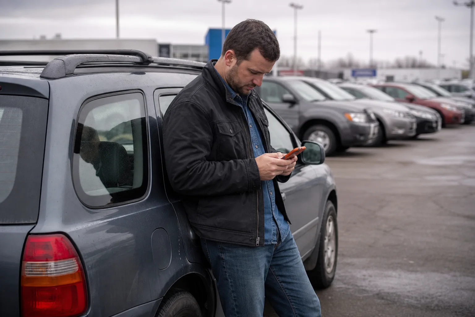 Vehicle shopper comparing options on a phone at a dealership