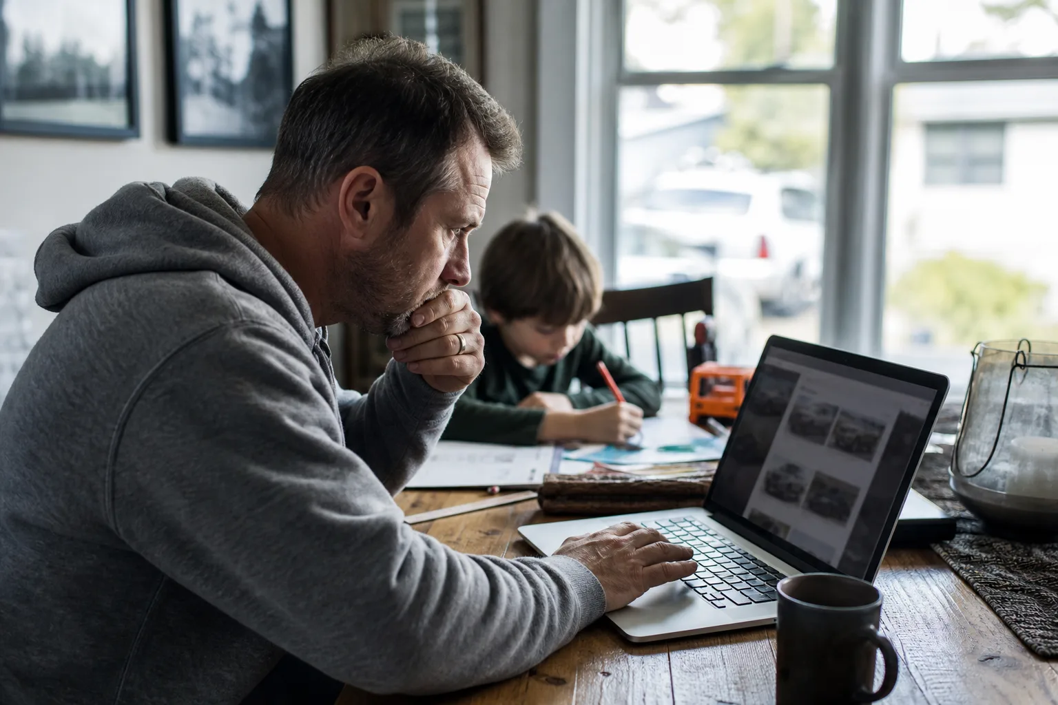 Parent browsing dealership inventory on a laptop