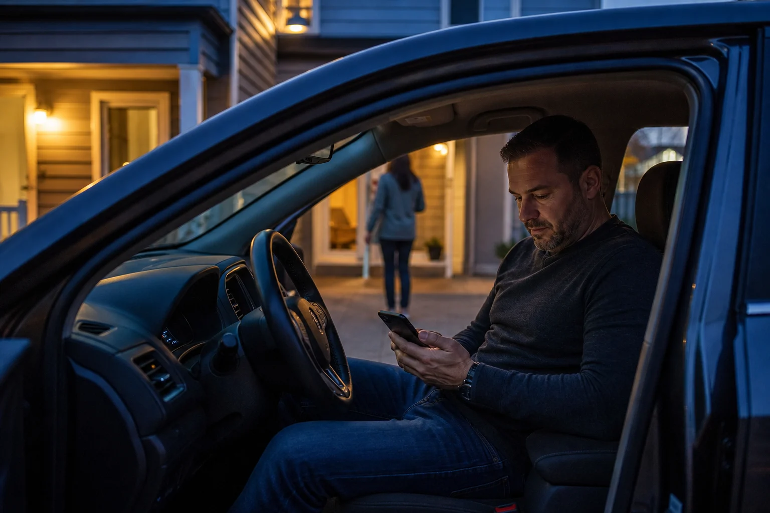 Shopper getting vehicle answers on his phone from the driver seat
