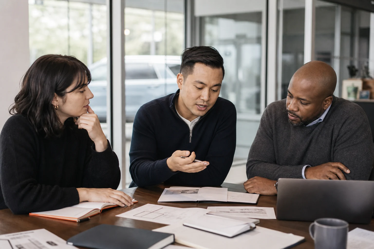Dealership marketing team reviewing campaign performance