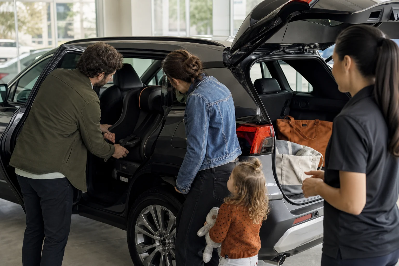 Family testing child-seat and cargo fit in a crossover