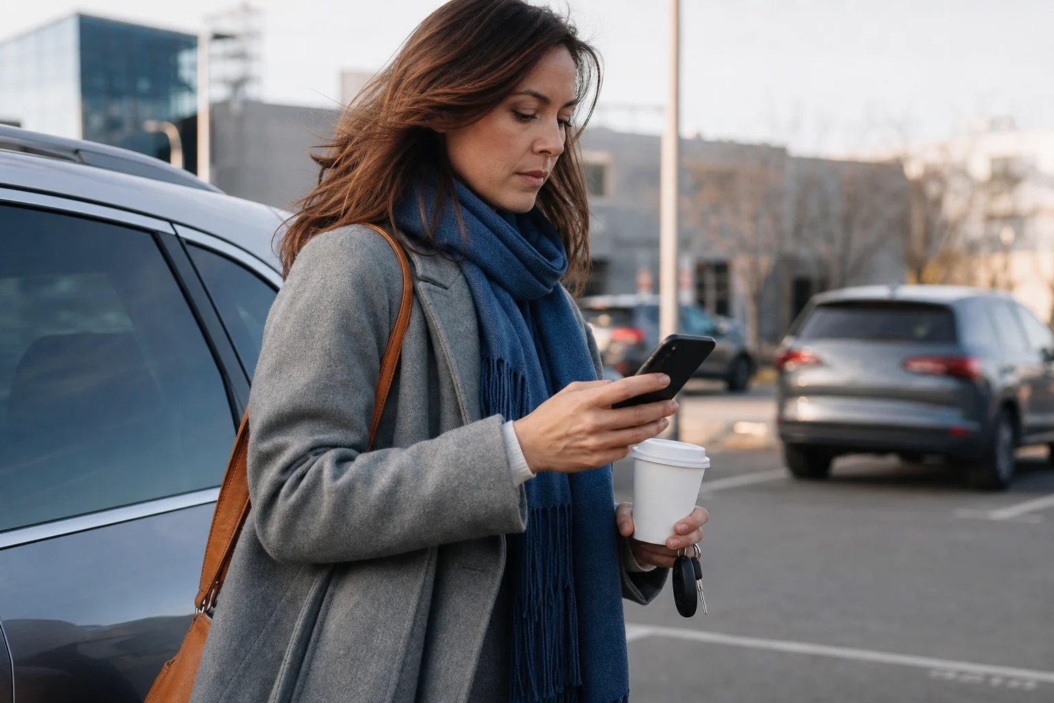 Shopper reviewing vehicle options on her phone beside her car